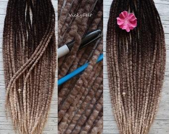 Wool dreads extensions Ombre Dark brown roots to Ashe brown Dreadlocks DE Wool Dreads Full set Double Ended "Latte" 15 DE to 60 DE