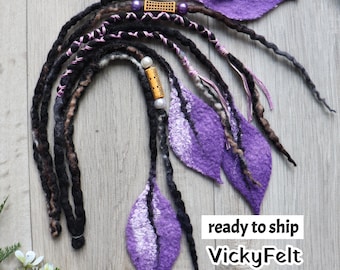 Wool dreads leaves, Dreadlock Extension, One accents dreads installed 20 inches, Black Purple