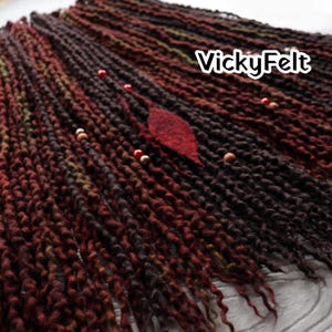 Wavy Wool Dreadlocks Extensions: Double ended dreads, Dark Brown & Red Shades, Decor Included