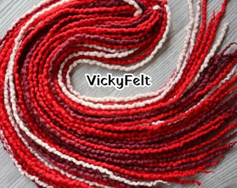 Rote Woll-Dreadlocks, dünne, doppelseitige Dreads, Haarverlängerungen, Rot-Burgunder-Rosa, 20DE-Komplettset
