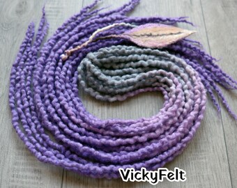 Wool Dreads, Thin Wavy Dreadlock Extensions, braid in dreads, Grey Purple, 15DE - Full Set