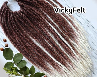 SE Wool Dreads, Dreadlock Extensions, Brown to Milk-White, Single Ended Ombre Dreads, Full set