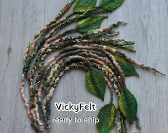 Accent Wool Dreads, Dreadlock Extensions, Three Decorative dreadlocks with Leaves, approx 21-23 inches