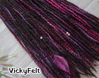 Wool Dreadlocks, Dread Extensions, Dark Brown, Pink & Purple Highlights, 10 DE to Full set