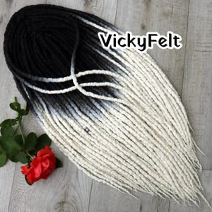 Wool dreadlocks extensions 15 DE to Full Set Double ended Dreads Ombre black to Natural white choose the length 14 to 32 inches
