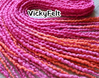 Ombre Wool Dreads, Thin Wavy Double Ended Dreadlocks, Bright pink orange, 20DE - Full Set