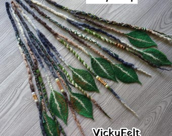 Wool Dreadlock Extension, Green Forest Accent Dread with Leaves, FOUR dread installed 21-24"
