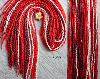 Thin Red wool dreads Wavy dreadlocks double ended extensions 20 to 70 DE "Candy" Mix red-burgundy-pink