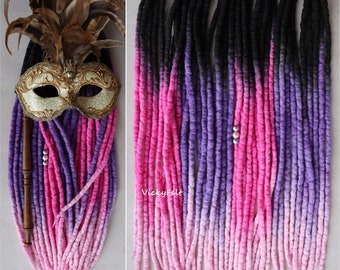 Wool Dreads 15 to 60 DE Ombre dreadlocks Extensions 14-32 inches Double ended Pink-Purple to Black roots Full Set