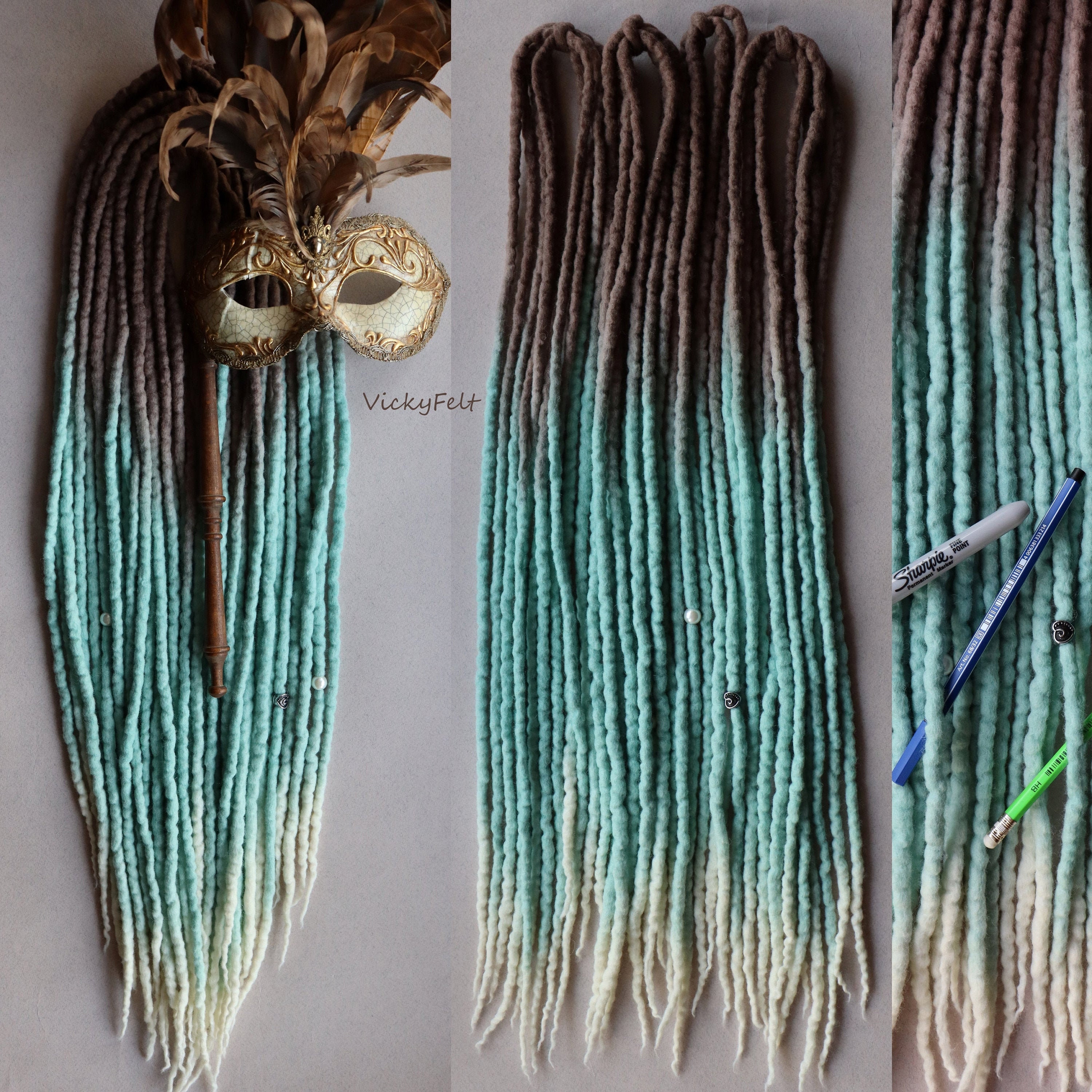 Green Wool Dreadlocks / 48 inch / 10 Pure Wool Dreadlocks / Felt Dreads