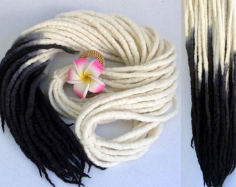 Wool dreadlocks double ended Full Set Dreads DE Ombre wool dreads natural white - black wool 14 to32 inches, 15-60 DE