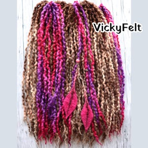 Wavy Wool Dreadlocks: Thin dreads DE Hair Extensions, Brown Cream Peach