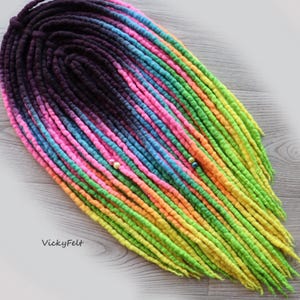Wool Dreads extensions Neon Double Ended Dreadlocks UV Rainbow 20 DE to Full set, 14 to 32 inches Ombre Dark purple to Rainbow