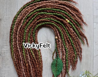 Double Ended Wool Dreadlocks, Dread Extensions, Lightweight Boho Fantasy Hair, Beads and Felt Leaf