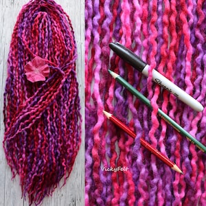 Thin Wool DE wavy Dreads 10 to 70 DE dreadlocks double ended extensions Ombre &quot;Fiery Fuchsia&quot; 14 to 32 inches Fuchsia Pink Red
