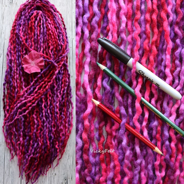 Thin Wool DE wavy Dreads 10 to 70 DE dreadlocks double ended extensions Ombre "Fiery Fuchsia" 14 to 32 inches Fuchsia Pink Red