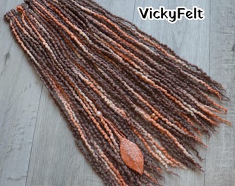 Thin wool dreads, Double ended Dreadlock extensions, Apricot Brown, Wavy dreadlocks, 15DE - Full set