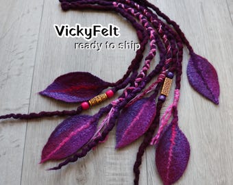 Wool dreads leaves, Dreadlock Extension, Two accents dreads installed 21 inches, Purple