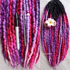 Wool dreads Dreadlocks extensions 15 DE to full set &quot;Bougainvillea&quot;  Black roots to shades of pink and purple Length 14 to 32 inch