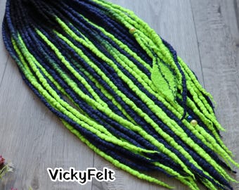 Neon Wool Dreadlock Extensions, Double ended dreads, Dark blue UV Green Dreads, 15DE- Full Set