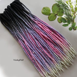Wool Dreadlocks: Hair Extension, Ombre Black to Pink/Lavender DE Dreads