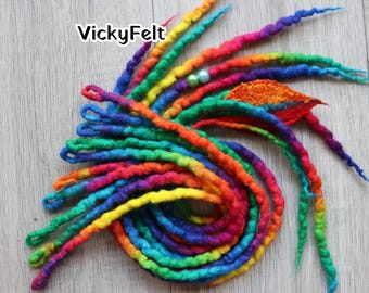 Wool dreads, Rainbow SE braid-in dreadlocks, Single Ended With Loop, 10 SE - Full Set