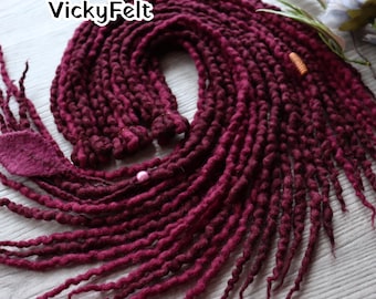 Wavy dread extensions, Double Ended Wool Dreadlocks, Burgundy, 15 DE full set, Pencil thick