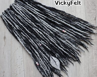 Merino Wool Dreadlock Extensions, Black-Grey Double Ended Dreads, choose the length 14-29 inch