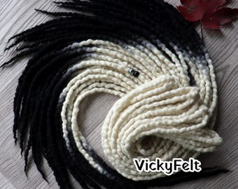 Wavy Wool Dreads, Dreadlock Extensions, Double ended dreads, Natural white Black, 10DE - Full set