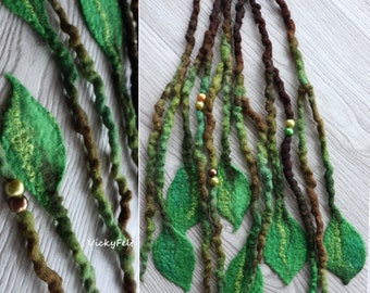 Accent dreads Wool dreadlock extensions - branches, twigs, roots, leaves "Green Forest" Three dreads available 16"/17"/18"