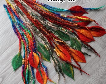 Accent Wool Dreads, Clip in Decorative dreadlock with Leaves, Hair Extensions, Red Green, made-to-order