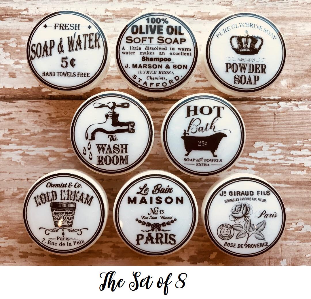 NEW! BATH BATHROOM Knobs Decor Vintage Look Black White Drawer Pulls ...