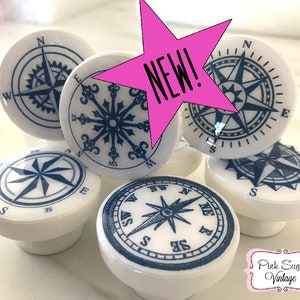 NAUTICAL COMPASS ROSE Knobs Navy Blue White Drawer Pulls Beach Lake House Vintage Shabby Chic Cottage Refinished Dresser