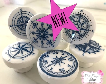 NAUTICAL COMPASS ROSE Knobs Navy Blue White Drawer Pulls Beach Lake House Vintage Shabby Chic Cottage Refinished Dresser