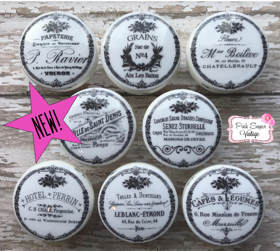 Black White Knobs Kitchen French Vintage Dresser Drawer Handmade Pulls France Shabby Chic Cottage Provincial Farmhouse Distressed