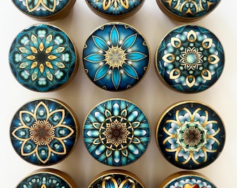 MANDALA KNOBS GOLD Turquoise Drawer Pulls Black Vintage Kitchen India Art Bouton Handmade         Made in U S A -