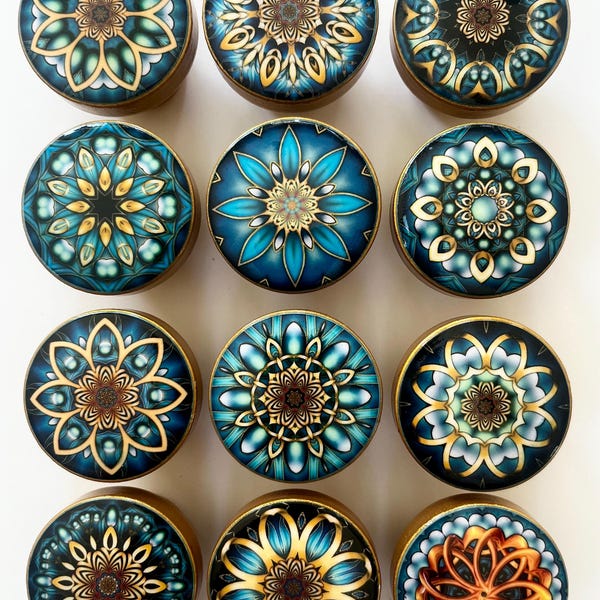 MANDALA KNOBS GOLD Turquoise Drawer Pulls Black Vintage Kitchen India Art Bouton Handmade         Made in U S A - Ships Free!