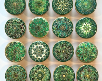 MANDALA KNOBS Green Gold Black White Drawer Pulls Vintage Kitchen India Art Bouton Handmade Made in USA -