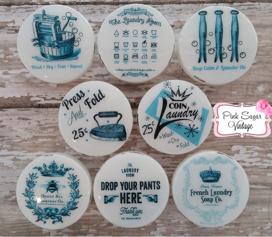 LAUNDRY ROOM Knobs 3 Drawer Pulls BLUE Vintage Look Etsy