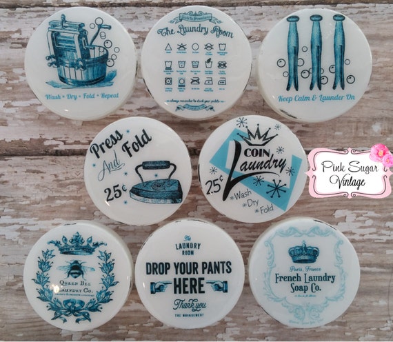 Laundry Room Cabinet Knobs 3 Drawer Pulls Blue Vintage Look Paris France Shabby Chic Retro Cottage Distressed French Provincial Farmhouse