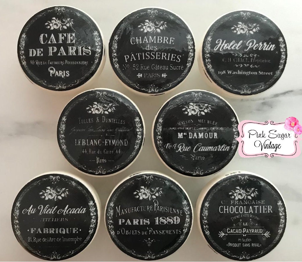 BLACK WHITE Kitchen CABINET Knobs Farmhouse Cafe Drawer Cabinet Pulls Paris France Shabby Chic ...