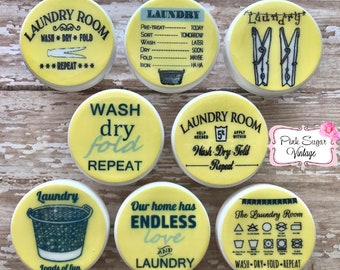 LAUNDRY ROOM KNOBS Drawer Pulls Yellow Gray #14 Vintage Farmhouse Look Shabby Chic Retro Cottage Distressed French Provincial