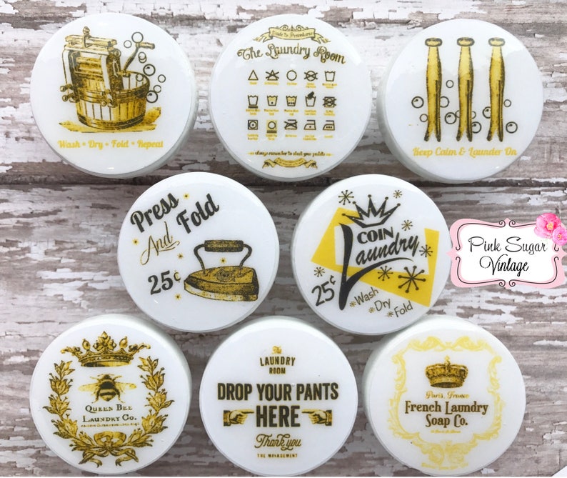 LAUNDRY ROOM KNOBS 5 Drawer Pulls Yellow Vintage Look Paris Etsy