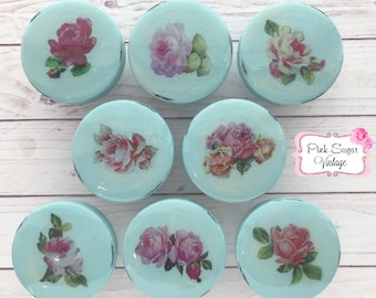 Shabby Chic Blue Roses Pink Knobs Drawer Pulls Vintage Paris France Distressed Cottage French Provincial Farmhouse Refinished Dresser