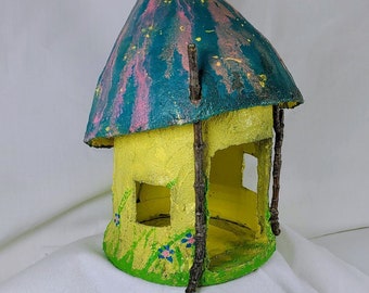 Outdoor Fairy House, 8" tall, Yellow, blue & pink with twig trim, and hand painted flowers. For your fairy garden waterproof, gardener gift