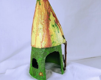 Outdoor Toad House, 8" tall, Green "open to ground floor" home with twig trim, and a yellow & orange roof. Waterproof, fairy gardener gift