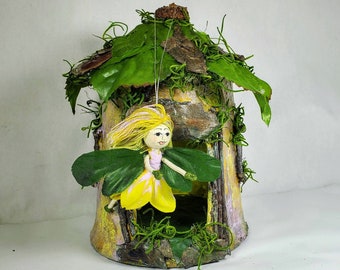 Yellow Fairy House,  7" tall, Fairy Bendy Doll,  Handmade Woodland Dwelling, Yellow & Lavender color, twigs, bark, moss. Birthday gift