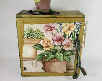 Cigar Box Art, 12" tall Seed Saver Flower Cabinet. Table top or wall hanging. Lined with green fabric, 2 seed vials included. Gardener gift