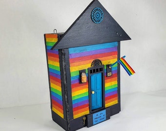 Cigar Box Art, 10" tall, LBGTQ House, Key Holder Wall Hanging, A thoughtful housewarming or wedding gift. Hand cut colorful siding, OOAK