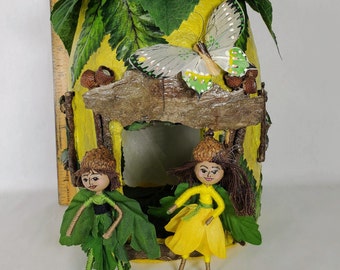 Yellow Fairy House, 11" tall butterfly dollhouse & 2 bendy fairy dolls, play inside by back access, twig trim, bark, Fun gift toy for kids